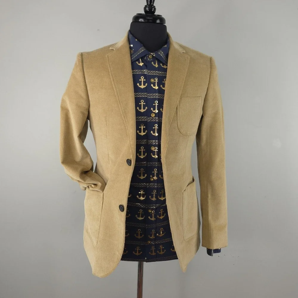 Frank & Oak Tan Corduroy Blazer with Navy Anchor Shirt